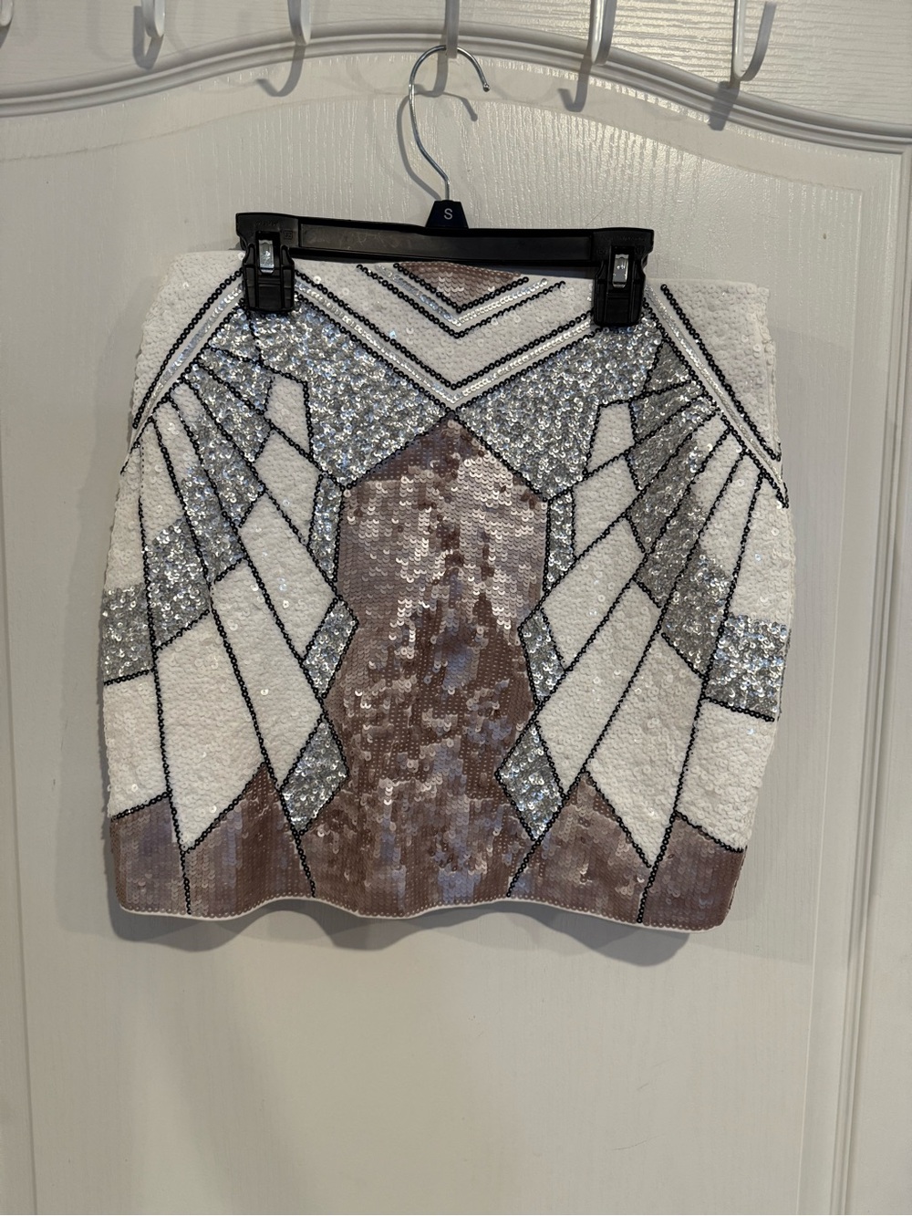 EXPRESS High Waisted white silver metallic Sequin Mini Skirt Geometric art small